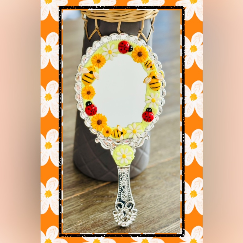 Floral Handheld Mirror with Ladybugs and Bees-Handmade design